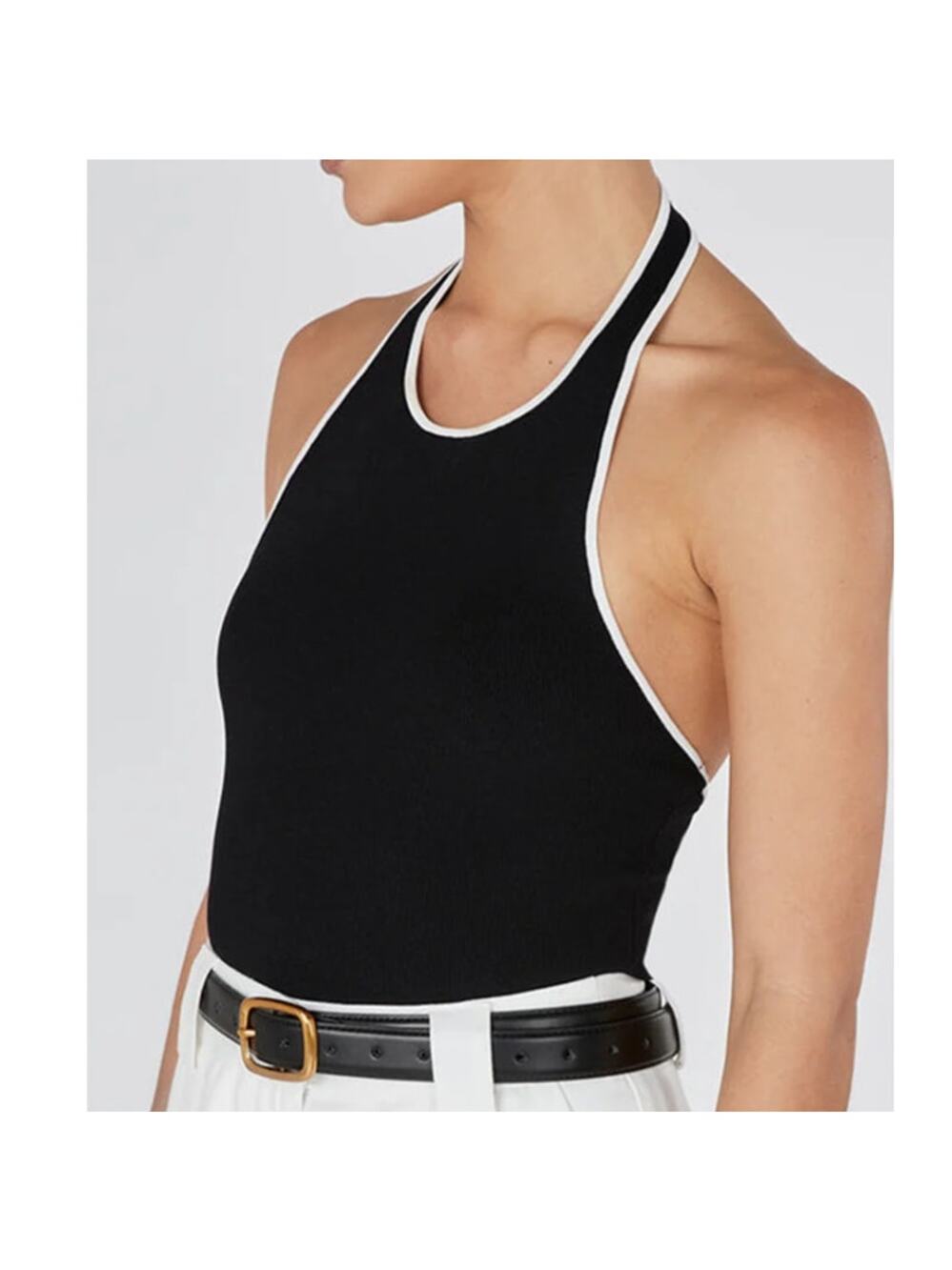 Commense Contrast Trim Open Back Knit Top L Halter - Capsule Chic
